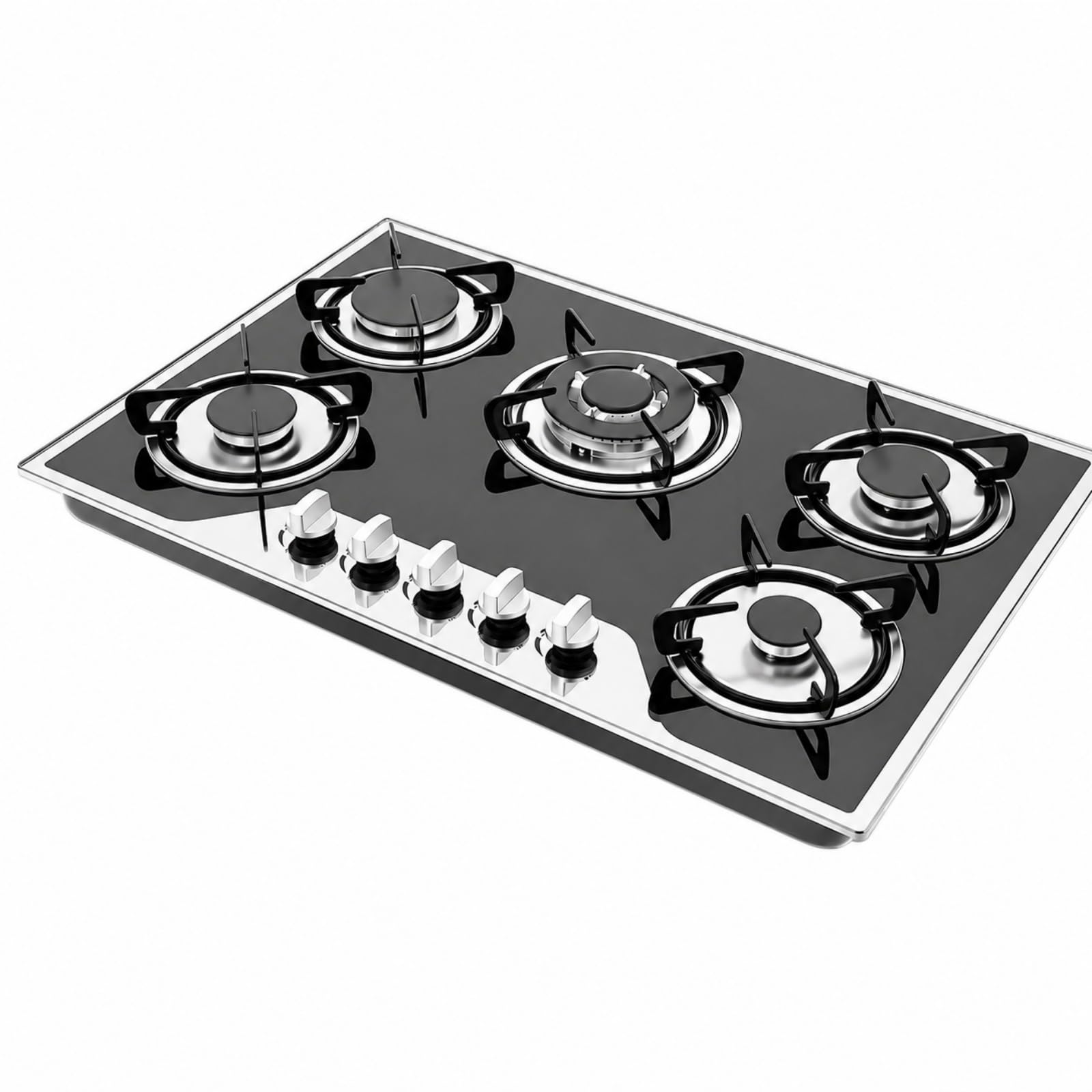 Plaque de cuisson à gaz, 5 feux, en verre, encastrable, 5 feux, haute efficacité, 77 x 51 x 7 cm, GPL, gaz naturel, allumage automatique par impulsion, pour ménages et restaurants