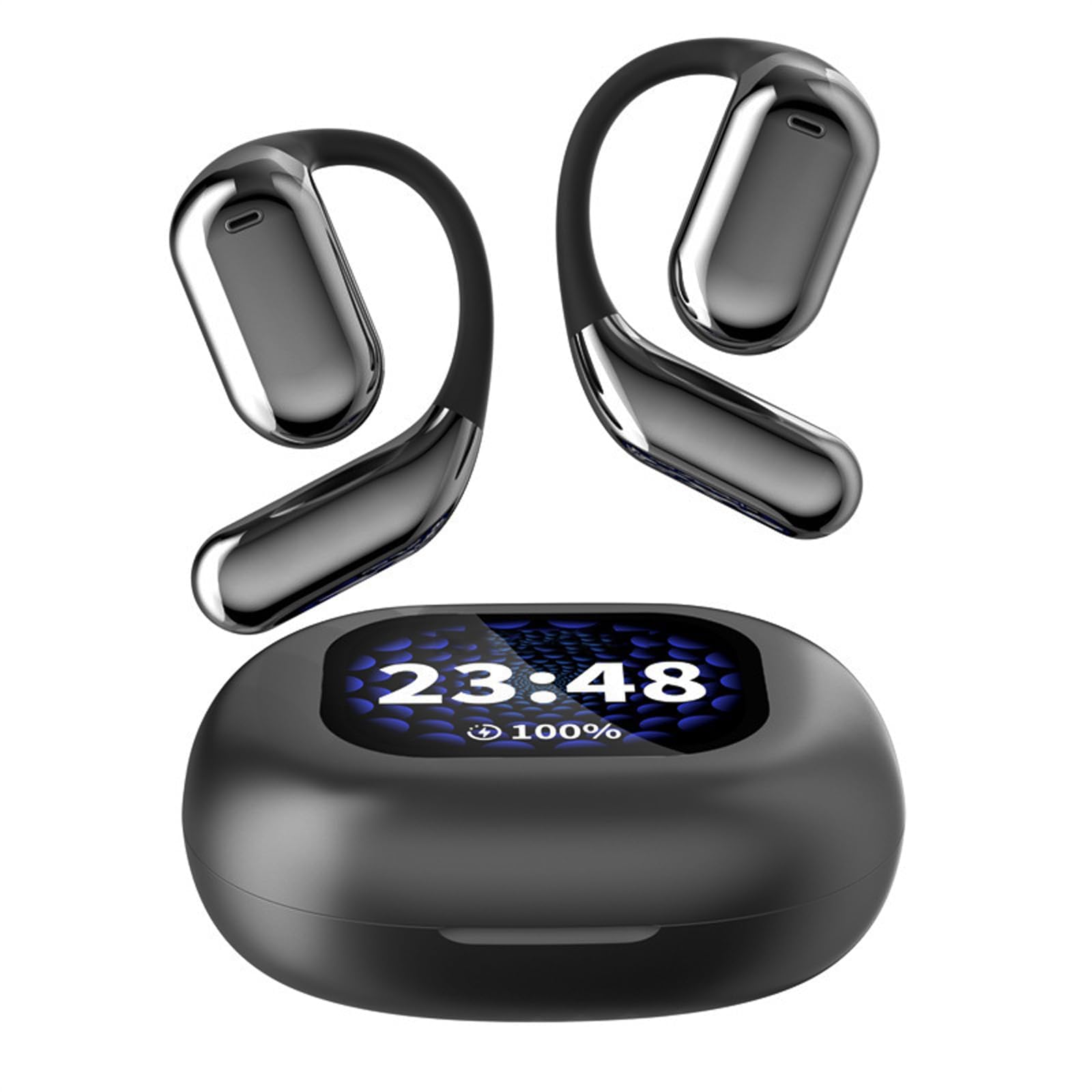 Touchscreen LCD Open Over the Ear Bone Conduction Smart Earbuds Wireless Bluetooth Earphone with Touch Screen Case and Earhooks that don't Go in Your Ear