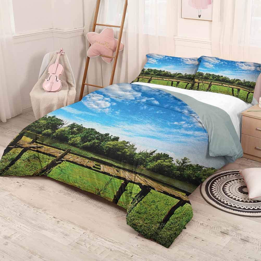 prunushome Landscape Bedding-SetsSummer Landscape with Old Wooden Bridge River by Forest Sunny Day Nature Picture Comfy Bedding Blue Green 80x90in/20x30inx2