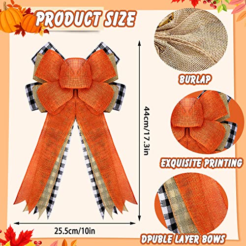 Chunyin 2 Pcs Fall Wreath Bow Large Thanksgiving Orange Pumpkin Burlap Black White Buffalo Plaid Tree Topper For Front Door Home Indoor Outdoor Decor, 10 X 18 Inches #TOP1