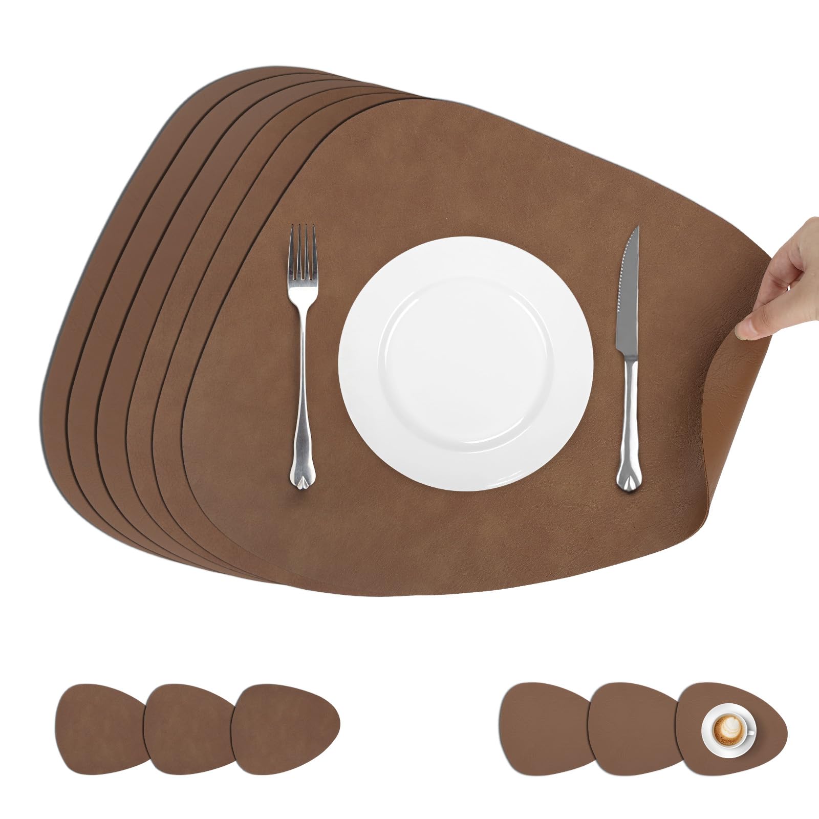 comfoyar PU Leather Placemats and Coasters Set of 6, 33x42cm Non-Slip Dual-Sided Heat Resistant Place Mats, Waterproof Washable Table Mats for Kitchen Dining Party Table Decoration(Brown)