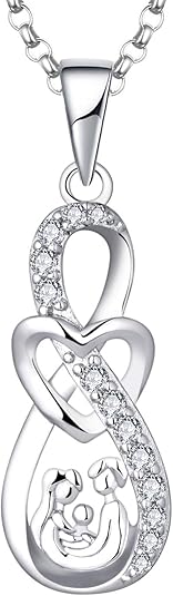 JO WISDOM Dames Hart Mam Kettingen,925 Sterling Zilveren Moeder Dochter/Zoon 3 Kinderen Vader Familie Hanger met Kettingen met 3A Zirkonia Geboortesteen April,Sieraden voor Vrouwen
