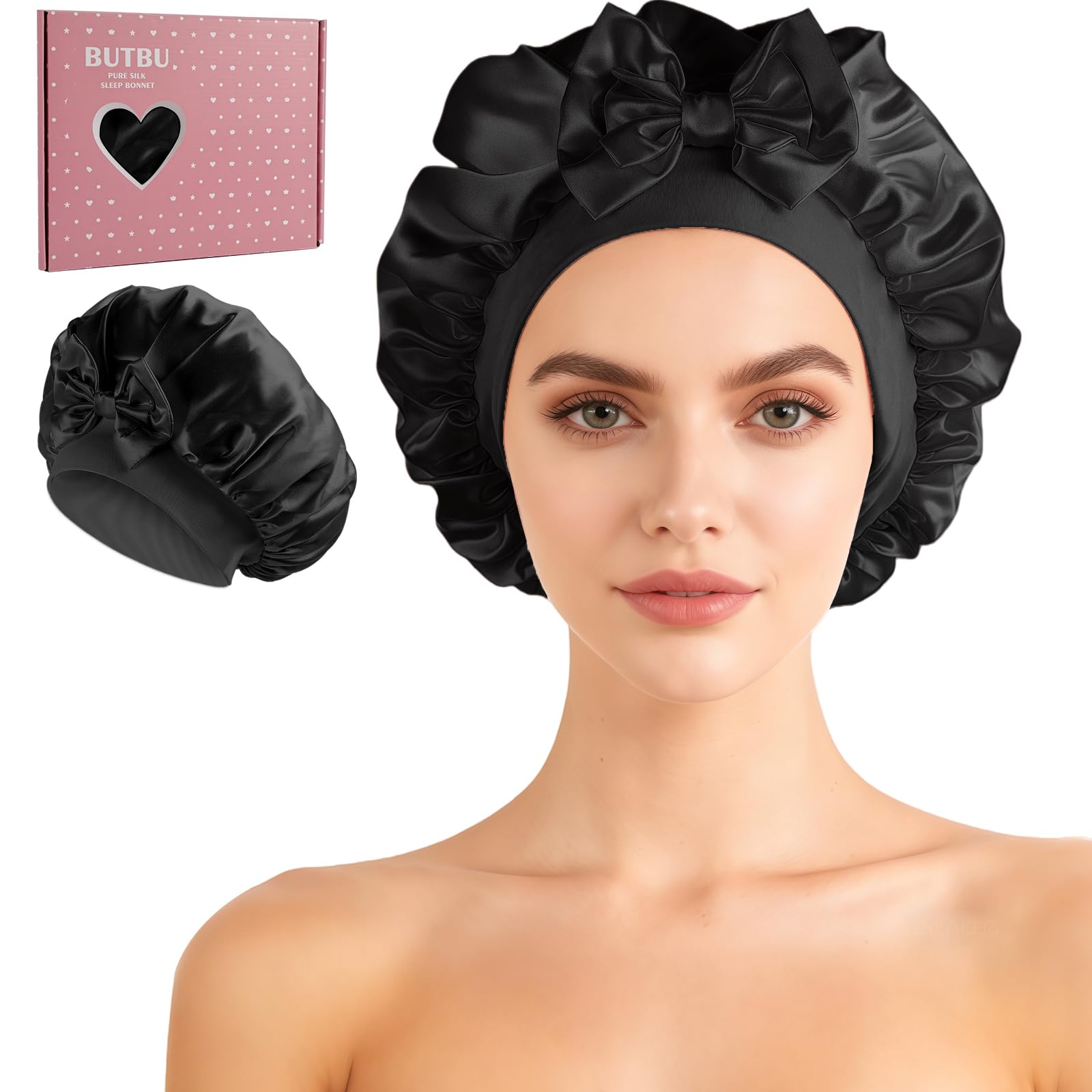 Bonnet Satin Cheveux Nuit avec Double couche 100% Soie de mûrier 22 Momme, Bonnet Soie Cheveux Nuit, Bonnets en Satin pour Charlotte Cheveuxs Locks Bouclés, pour Femmes et Hommes