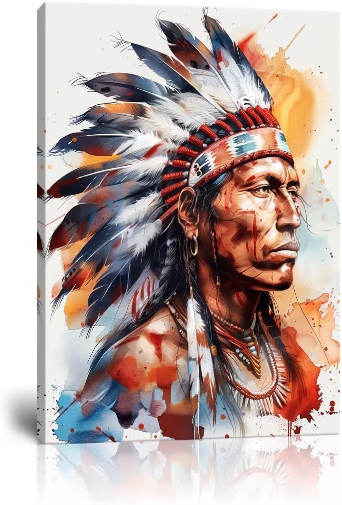 Wall HDQ Indian Chief Headdress Feathered Picture Native American Canvas Wall Art Prints Retro Colorful Indian Chief Painting for Living Room Bedroom Framed(24" x 36") 24"L x 36"W Indian -5