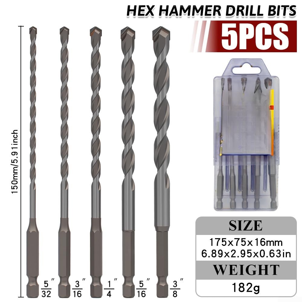 5 Brocas de Carburo con para vástago Hexagonal para Hormigón Vidrio y para madera - Punta Triangular Precisa Juego de 5 Unidades 6.35mm