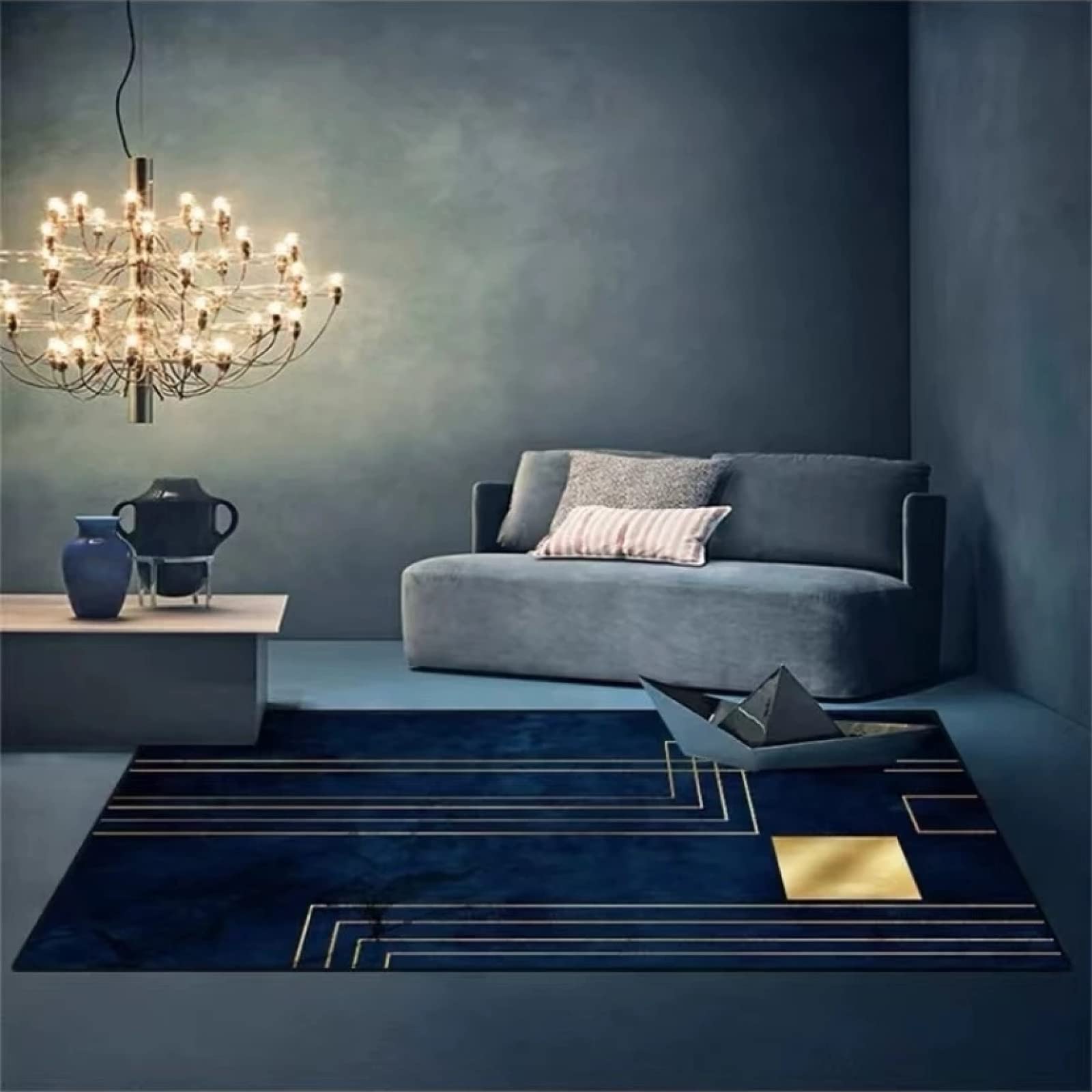 Nowoczesny dywan designerski dywan europejski styl abstrakcyjny niebieski geometryczny pozłacany, antypoślizgowy bardzo duży średni wystrój domu dywaniki podłogowe-200 * 300 cm