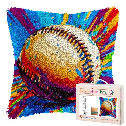 Colorful Baseball DIY Latch Hook Pillow Kits for Adults Printed Pillowcase Crochet Yarns Hooking Handmade Pillow Cover Cushion for Home Sofa Decoration 17x17inch