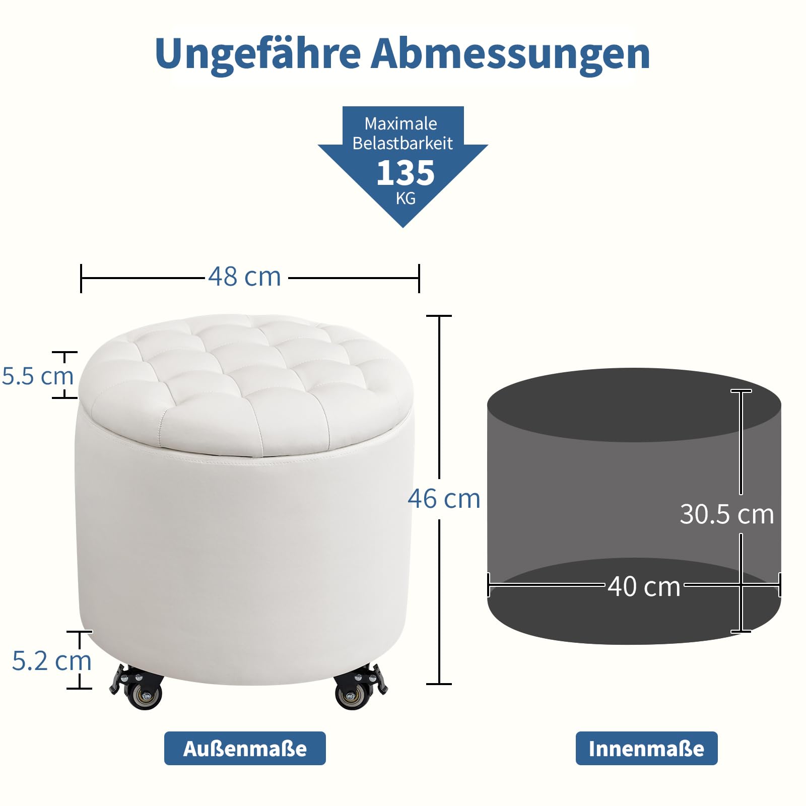 Hocker mit Rollen, 48cm Runder Fußhocker mit Stauraum, Knopfgeheftete Sitzhocker Schminkhocker mit Abnehmbarem Deckel für Wohnzimmer, Schlafzimmer, Esszimmer, PU, Elfenbeinweiß