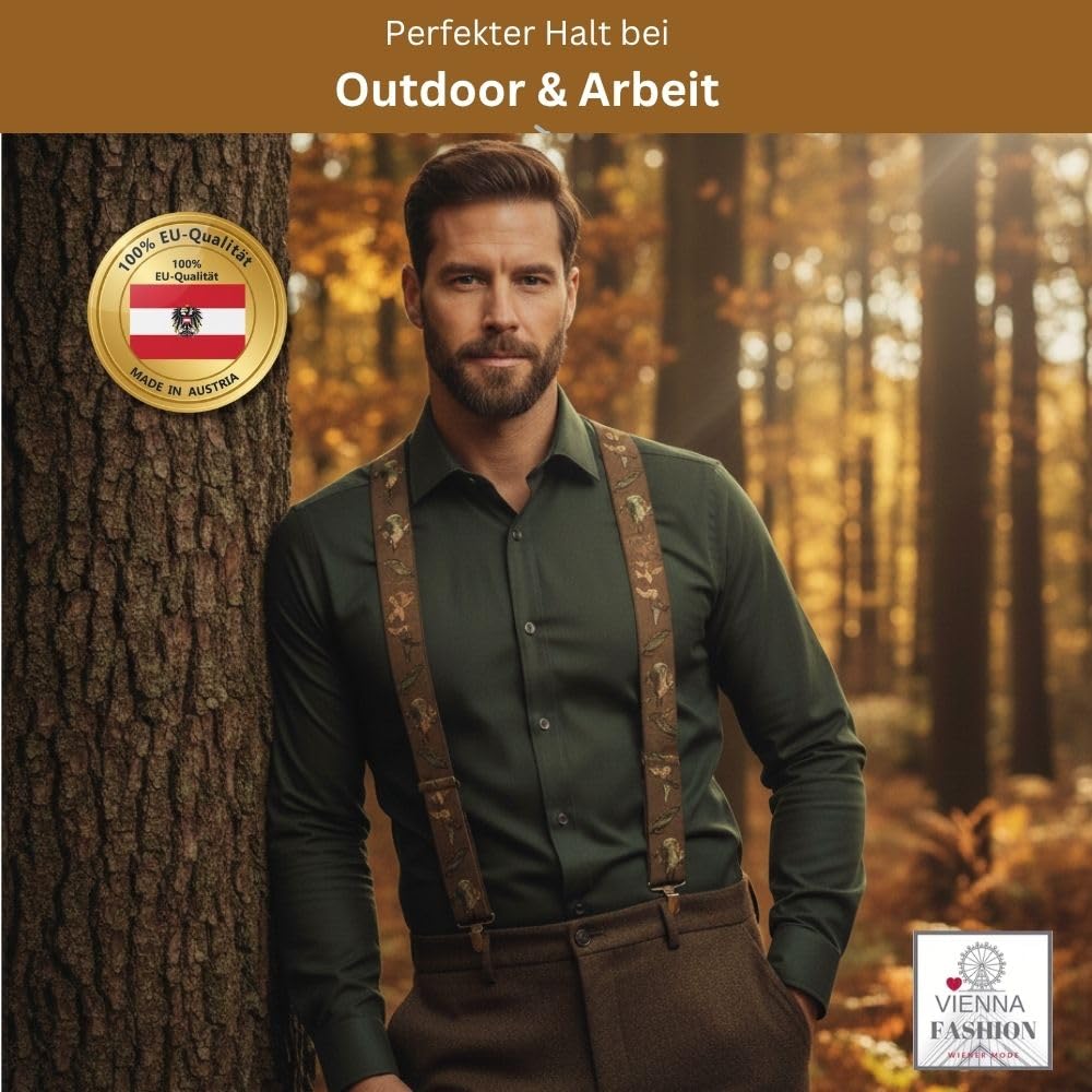 Tirantes para hombre – Diseño de caza – 3,5 cm de ancho, ajustable 65 – 125 cm – Forma de X – Clips resistentes y gran comodidad – Ideal para caza, al aire libre, trabajo y como elegante regalo