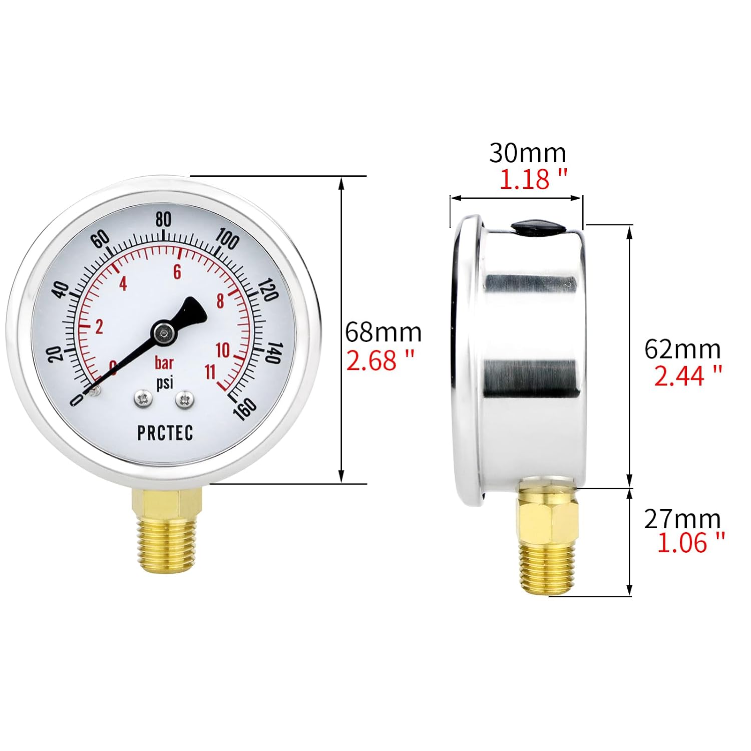 Dry Pressure Gauge NPT1/4,Low Pressure Gauge with 2.5 Inch Dial Size and 304 Stainless Steel Case,Lower Mount (0-60Psi)