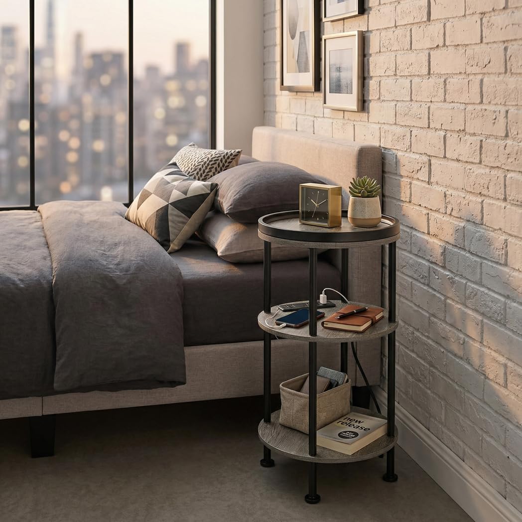Small Round Side Table with Charging Station for Small Spaces, 3-Tier Accent Table with USB Ports & Power Outlets, Sofa Corner Tea Table for Living Room Nightstand Bedroom Apartment (Grey)