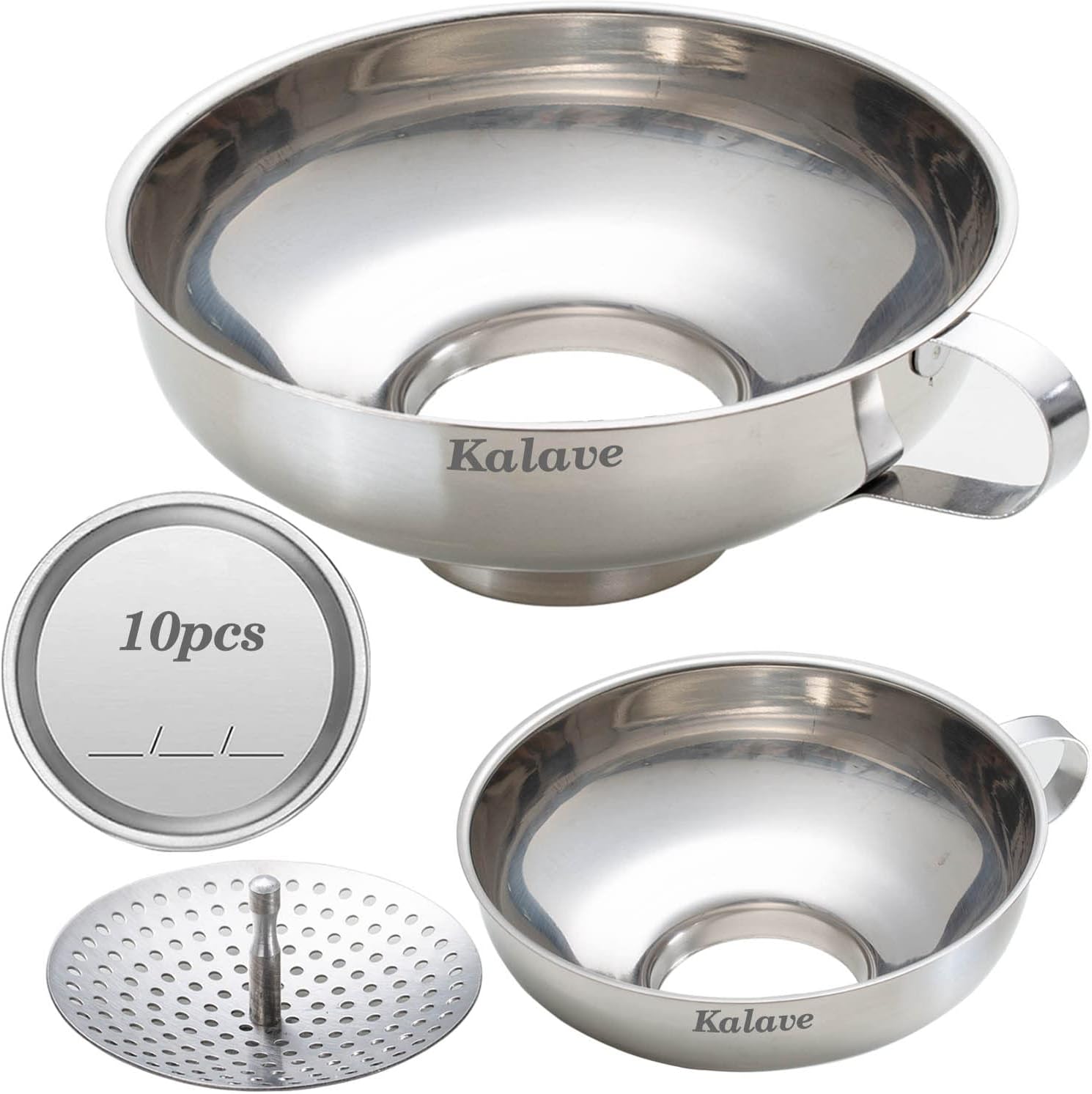 Kalave Canning Funnel, Food Grade Stainless Steel Canning Funnels with Strainer, Wide Mouth Funnels for Kitchen Use, Canning Supplies Kit for Wide and Regular Mason Jars - 3 Pack (Small and Large)