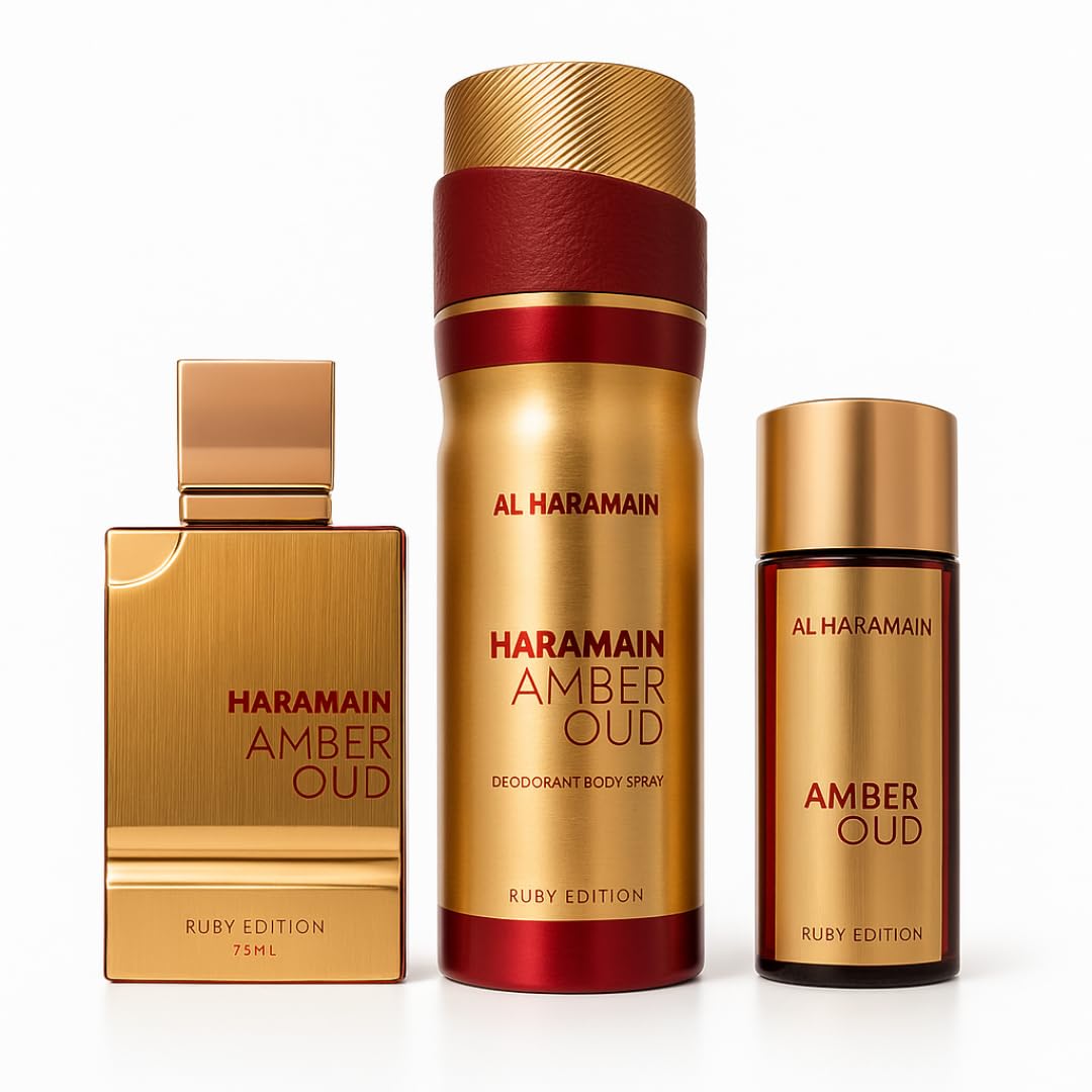 Al Haramain Amber Oud Ruby Edition Geschenkset | Eau de Parfum 75 ml + Reisegröße 30 ml + Deodorant Body Spray 200 ml | Premium arabischer Duft für Damen und Herren | Ideale Wahl für Parfümgeschenke