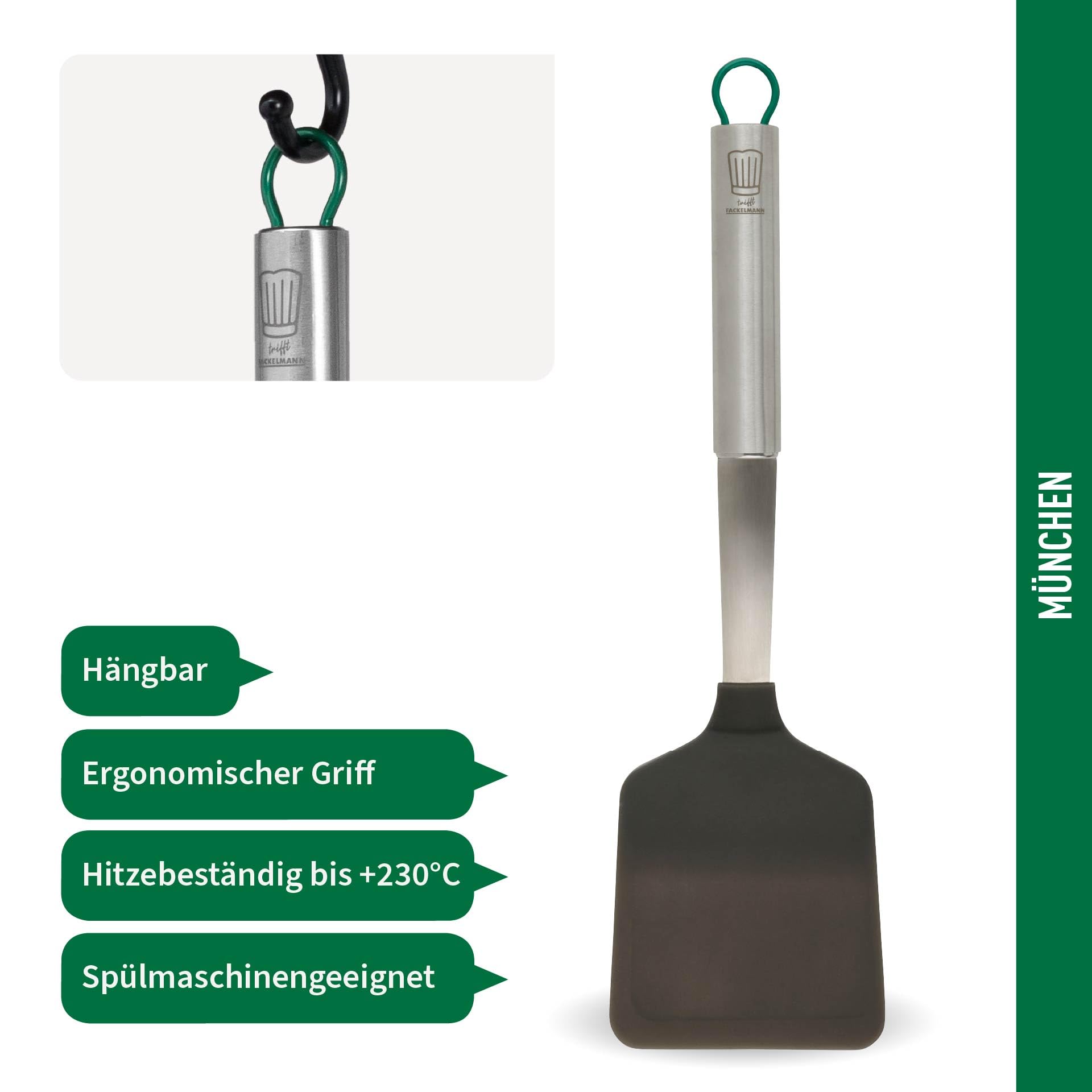 Chefkok ontmoet Fackelmann – hoogwaardige spatel van roestvrij staal met siliconen, hittebestendig tot 230 °C, vaatwasmachinebestendig, ideaal voor gecoate pannen