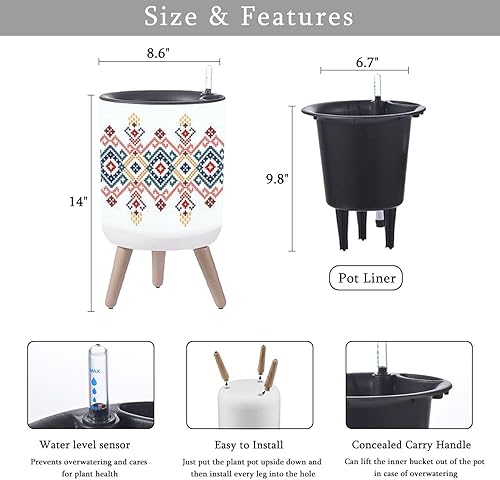Miniatura 5 de Maceta con soporte, patrón étnico geométrico, maceta bohemia con patas de pie, macetas de riego automático de 8.7 pulgadas con entrada de agua e