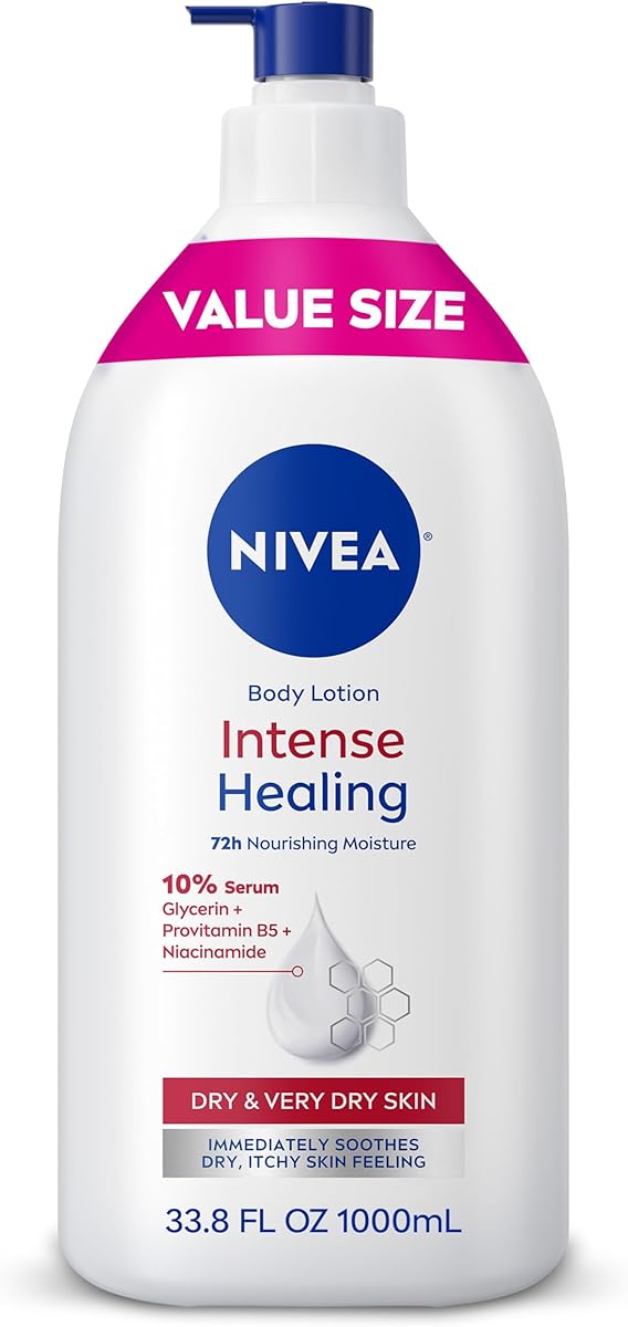 NIVEA Intense Healing Body Lotion for Very Dry, Itchy Skin with Glycerin, Provitamin B5 and Niacinamide, 72-Hour Body Moisturizer, 33.8 Fl Oz Value Size Pump Bottle