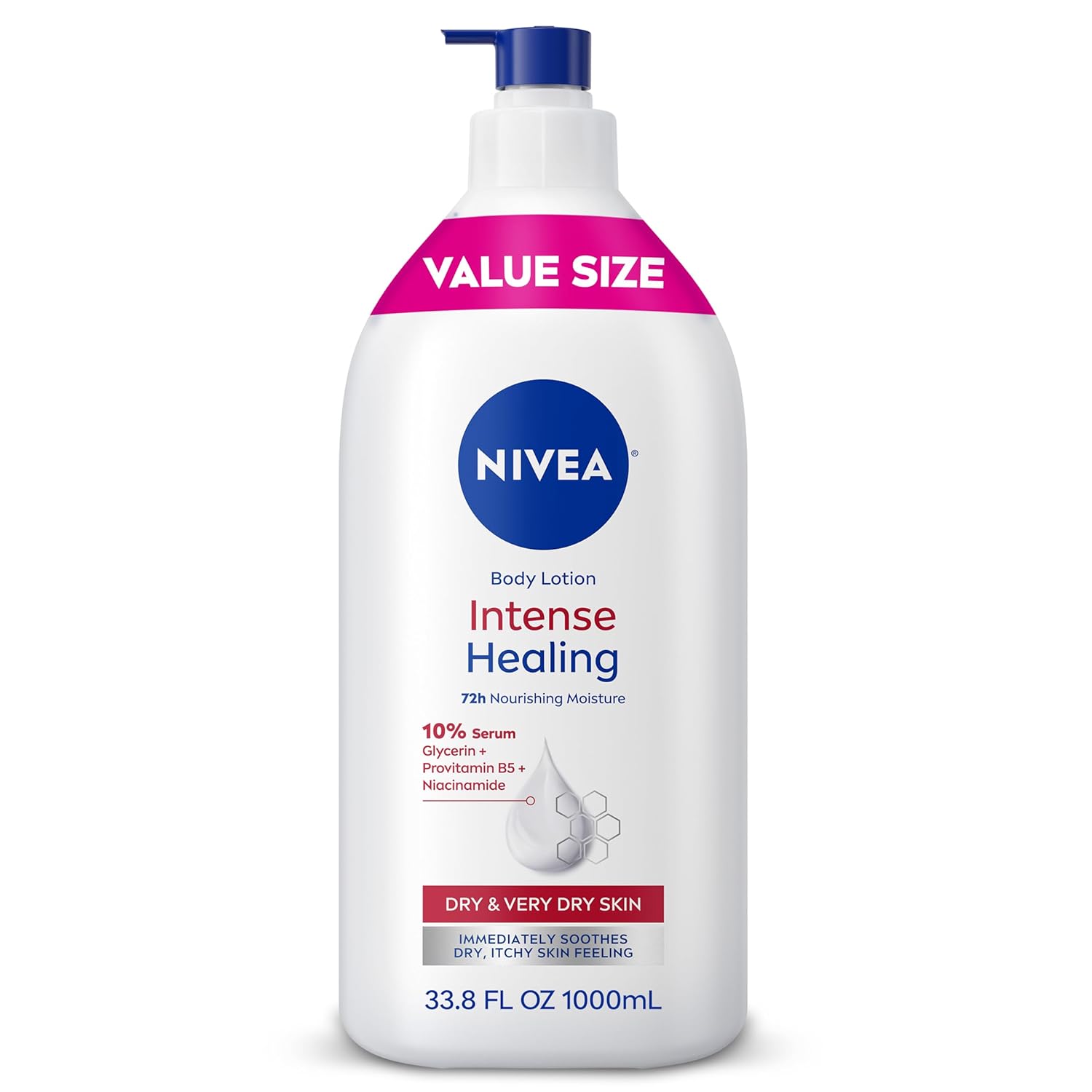 NIVEA Intense Healing Body Lotion for Very Dry, Itchy Skin with Glycerin, Provitamin B5 and Niacinamide, 72-Hour Body Moisturizer, 33.8 Fl Oz Value Size Pump Bottle