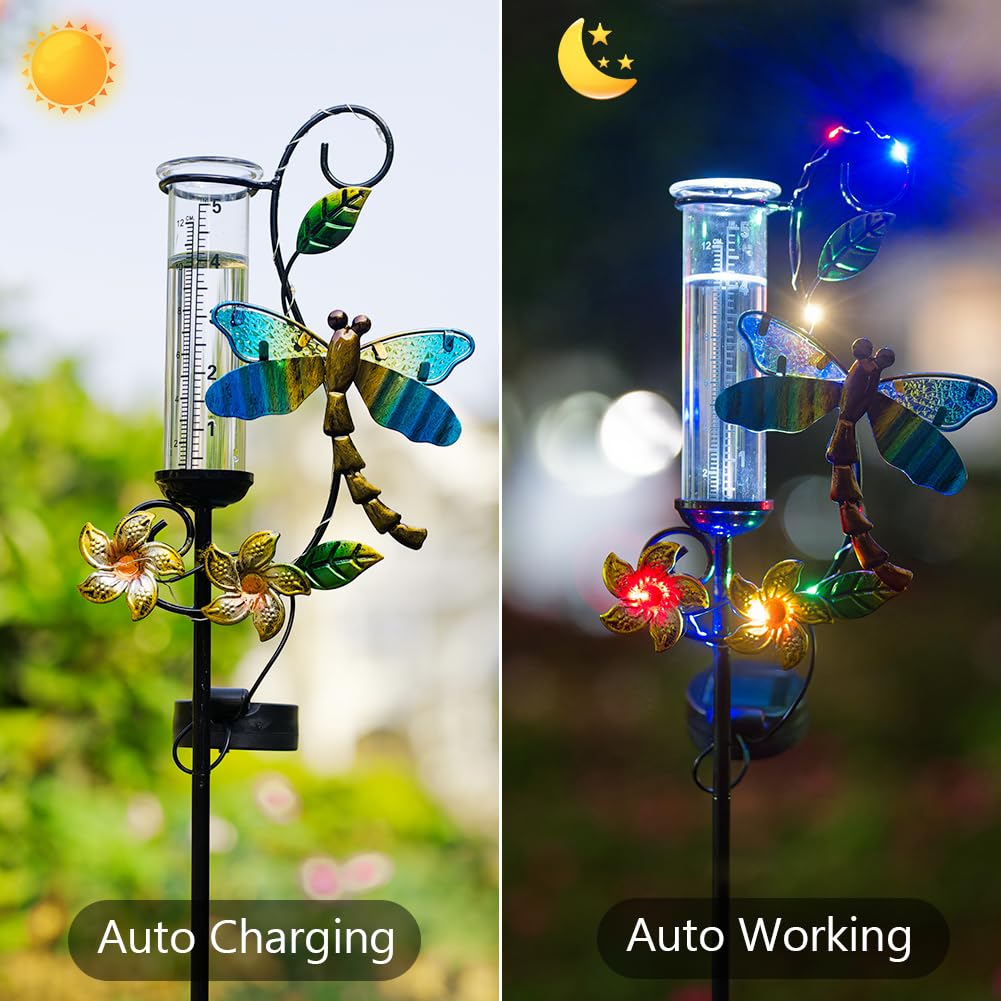 Stargarden Pluviometro per esterni, con libellula in metallo, tubo di vetro da 12,7 cm, pluviometro decorativo solare con luci a LED per cortili, prati, sentieri, patii