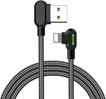 mcdodo E0335 LED 90 Degree iPhone Charger Fast Charging Cable data cable 2A Zinc Alloy Nylon Anti-Bending Anti-Fracture Compatible iPhone X 8 7 6 Plus iPad iPod 1.2M,Black