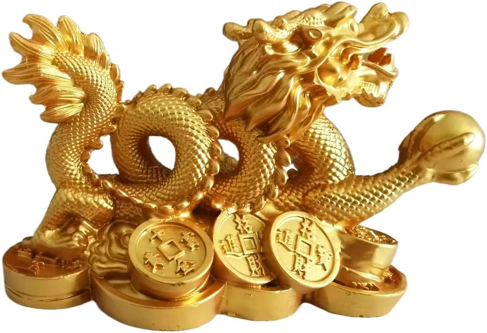 Chinese Gold Dragon Statue Good Luck and Wealth Figurine,Office Home Decor 3D Dragon Sculpture