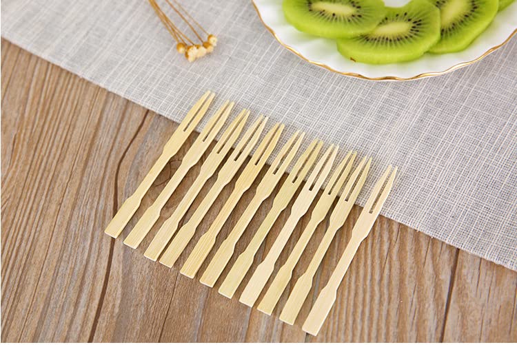 Bamboo Forks, 100 Counts Mini Food Picks/Bamboo Fruit Picks/Mini Cocktail Forks/Party Forks/Buffet Mini Forks/Two Prongs Cocktail Picks for Appetizer, Cocktail, Pastry, Dessert
