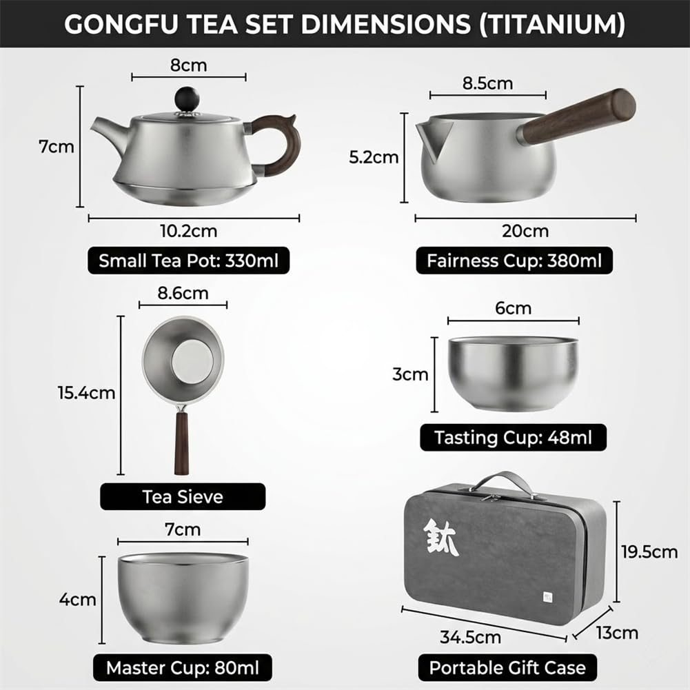 Reines Titan-Kaffee-Tee-Set, tragbare Reise-Teekanne, Hohle Tassen, fairer Krug, Tee-Ei, Sieb mit Griffetui