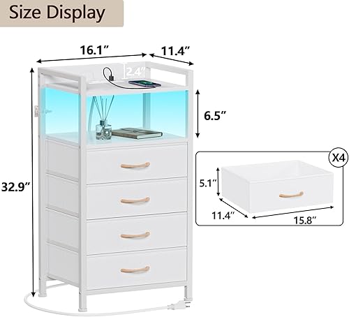 Miniatura 3 de Furnulem Mesita de noche blanca con 4 cajones de almacenamiento, cómoda alta para dormitorio con luz LED y estación de carga, mesa auxiliar para