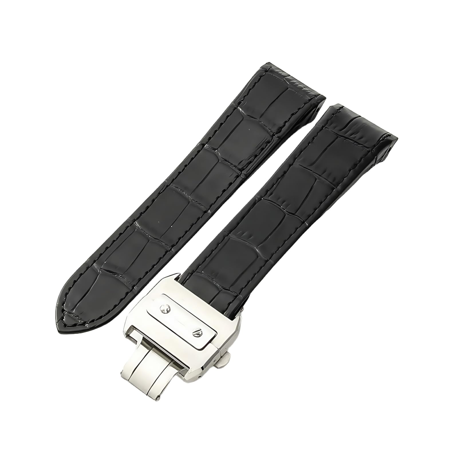 Correa de Reloj de Cuero Auténtico Hebilla con Botón de Acero Inoxidable Correa de Repuesto para Cartier Santos Series-Negro + Plata 20mm