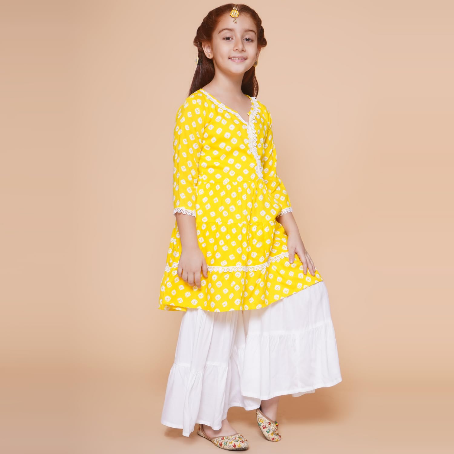 Arshia Fashions Girl's Yellow Bhandhej Printed Kurta And Sharara Set 3