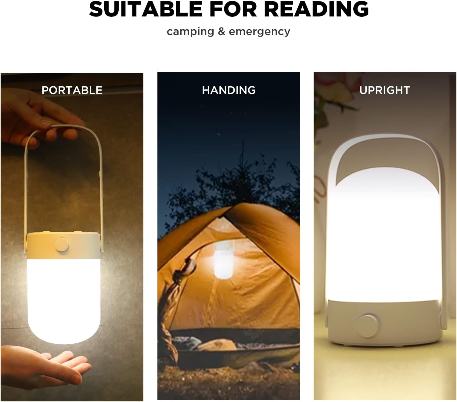 LED Camping Light | Rechargeable Handheld Camping Lantern | Dimmable Night Light | Portable Battery Powered Camp Lamp with Hook for Reading Indoors, Hiking, Fishing, Emergency Outdoors