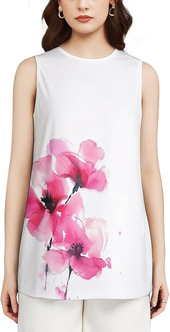MARSVOVO Womens Tank Tops Art Style Sleeveless Blouses Crew Neck Loose Fit Oversize Summer Vintage Tank Tops for Women