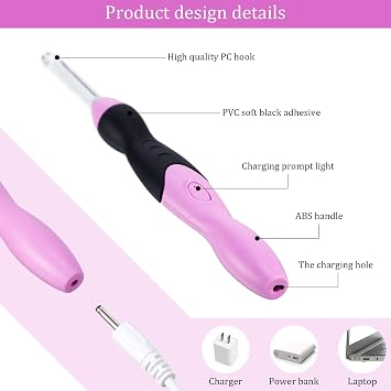 Chuangdi 11 Sizes Lighted Crochet Hooks Set Rechargeable,Pink-Black