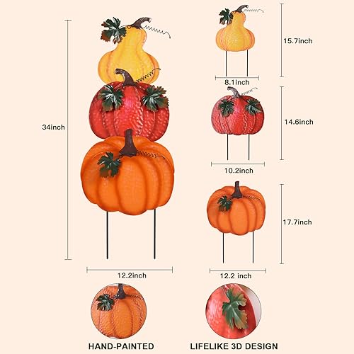 Miniatura 3 de hogardeck Decoraciones de otoño para el hogar al aire libre, estacas decorativas de jardín de 36 pulgadas con 3 calabazas para decoración de otoño,