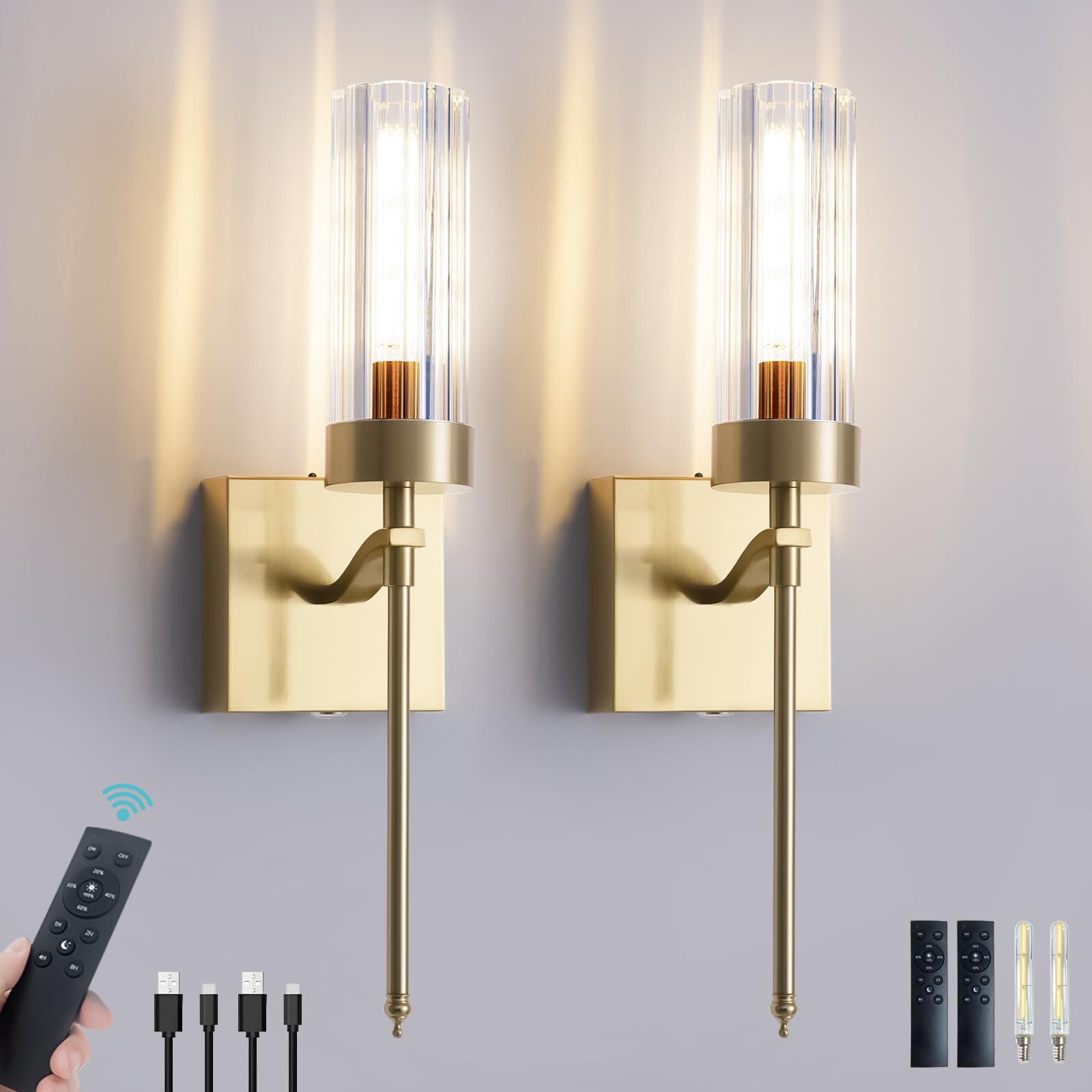 Maooght Battery Operated Wall Sconces Set of Two with Remote, Gold Rechargeable Wireless Wall Lights, Sconces Wall Decor Set of 2 Dimmable 2700K