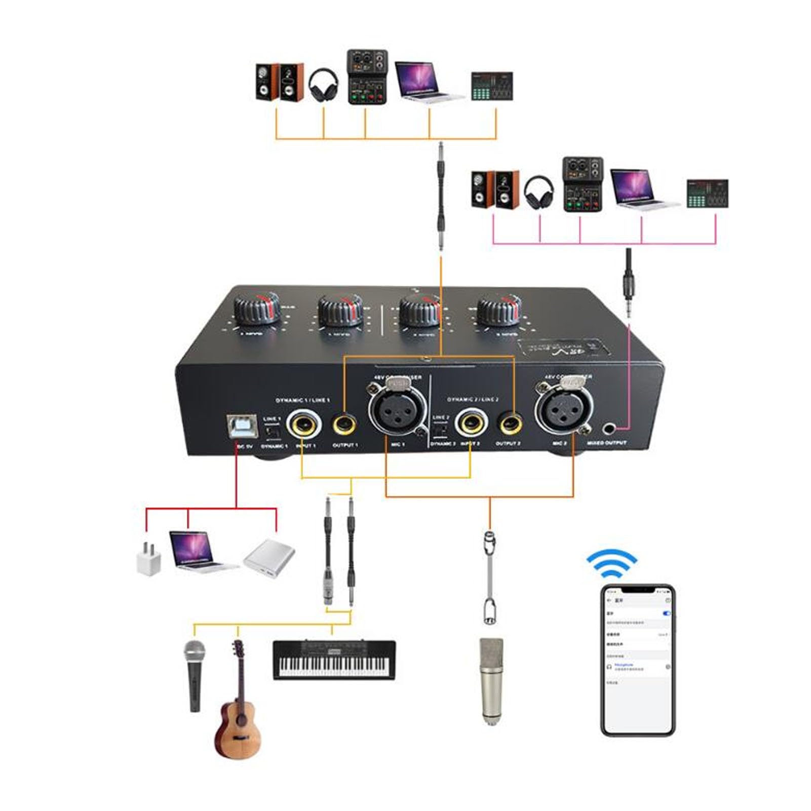 Amplificatore Microfonico a 2 Canali Alimentato Tramite USB per Chitarra con Microfono Dinamico e a Condensatore, Ideale per Musicisti e Home Studio