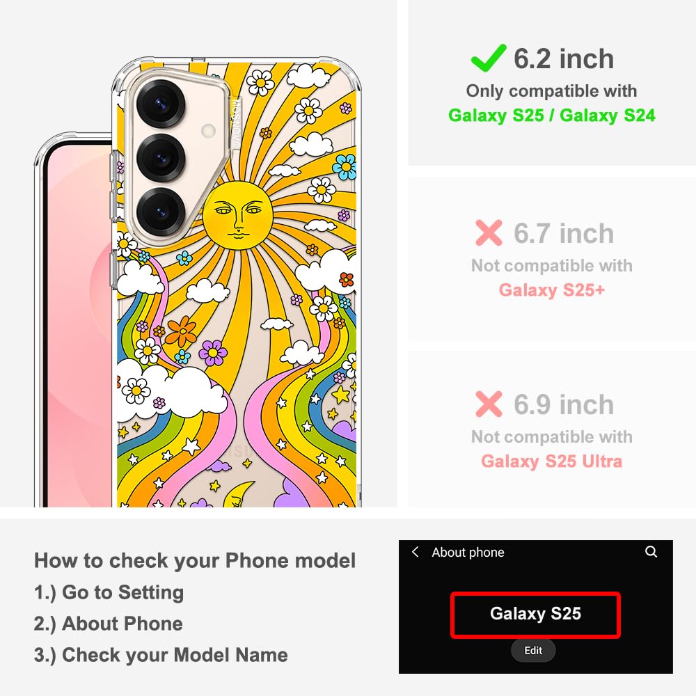 MOSNOVO Case for Samsung Galaxy S25 / Galaxy S24, [Buffertech 6.6ft Military-Grade Drop Protection] [Anti Peel Off Tech] Clear TPU Bumper Phone Case Cover Design - 70's Psychedelic Groovy Art - 2