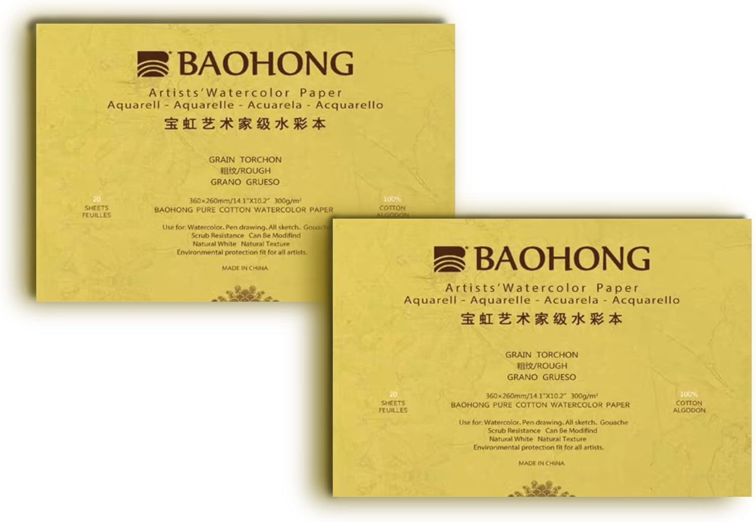 BAOHONG Artists' Watercolor Painting Block, Pack of 2, 40 Sheets 100% Cotton, Acid-Free, 140LB/300GSM, Cold Press Textured, Ideal for Watercolor Techniques (2 of 10.2"x7" Rough Grain Blocks)
