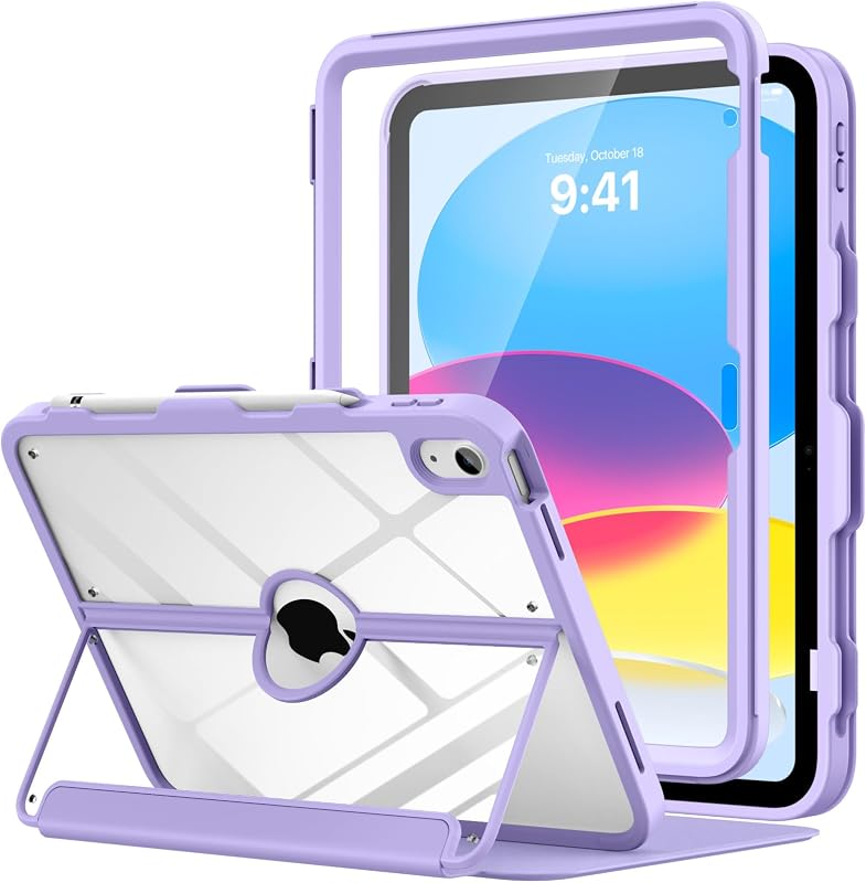 MoKo for iPad (A16) 11th/10th Generation Case 2025/2022 with Pencil Holder | For iPad 11/10.9-Inch Case, Full Heavy Duty Clear Cover, Built-in Screen Protector, Magnetic Multi-angle Stand, Lilac