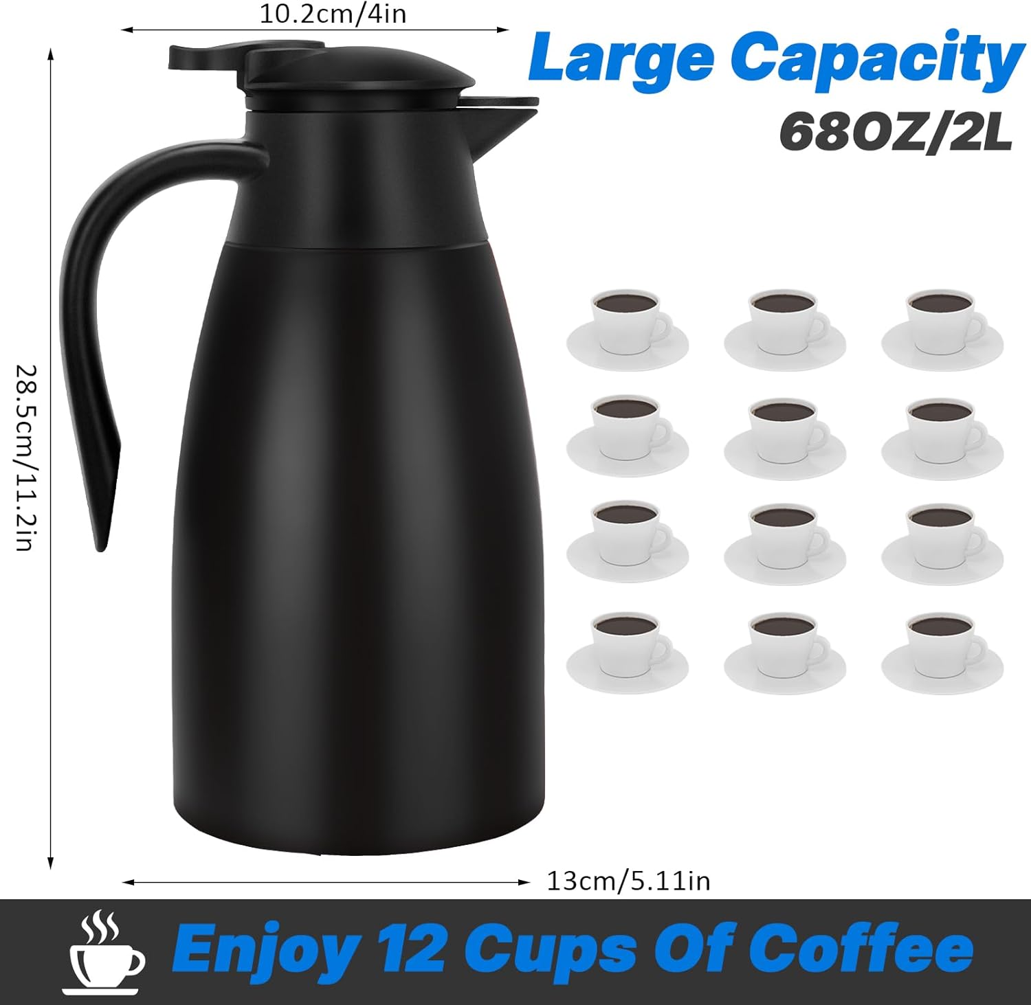 68OZ Thermal Coffee Carafes for Keeping Hot, 2 Liter Stainless Steel Thermal Carafe, Double Wall Vacuum Insulated Pitcher Tea Pot for Coffee Tea Keep Hot 12 Hours, 2 Pack Black