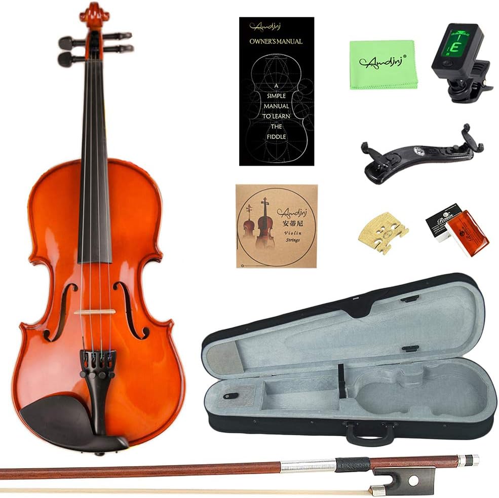 Amdini 4/4 ML0011A Solid Wood Varnish Violin with Hard Case, Shoulder Rest, Bow, Rosin and Extra Strings (Full Size)
