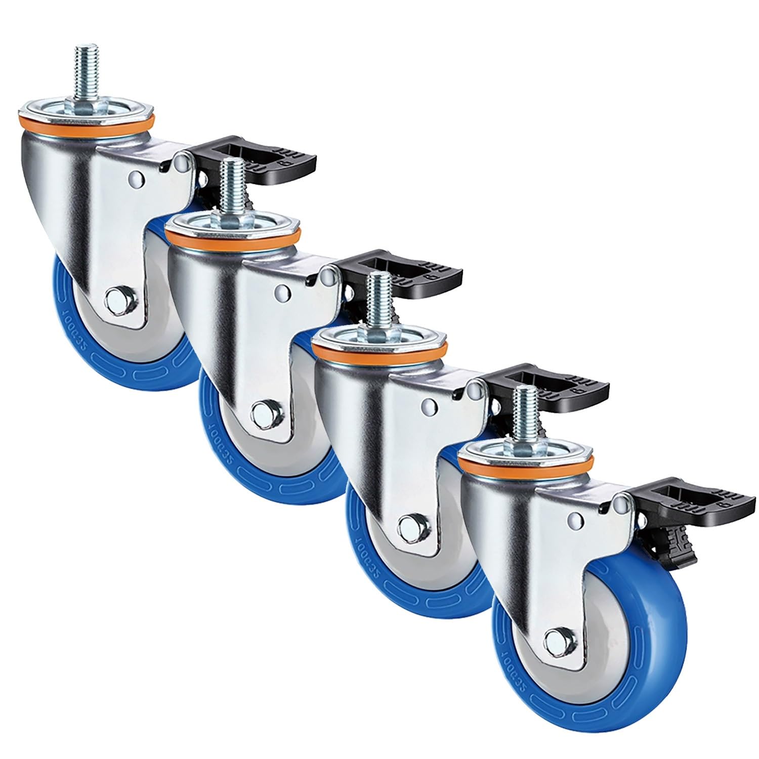 Lot de 4 roulettes Industrielles à Tige Filetée M12*25mm, 75mm roulettes Pivotantes avec Frein, roulettes for Meubles Capacité de Charge 450kg(with Brake,100mm)