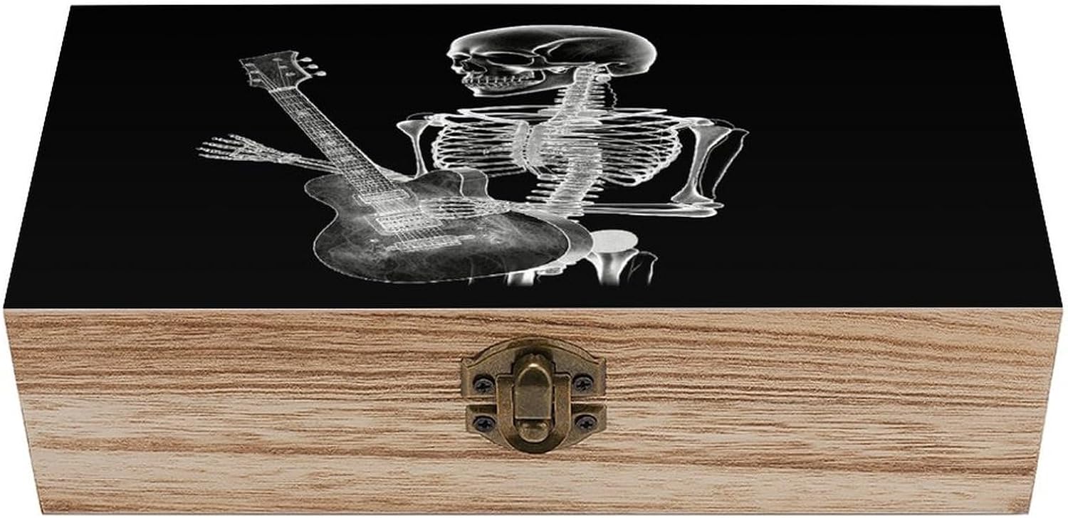 Abstract X Ray Skull Skeleton Playing Guitar Storage Boxes Jewelry Storage Box with Lock Large Capacity Vintage Decorative Case Keepsake Organizer 7.9 X3. 7 X 2.3 Inch for Photos Trinkets Crafts