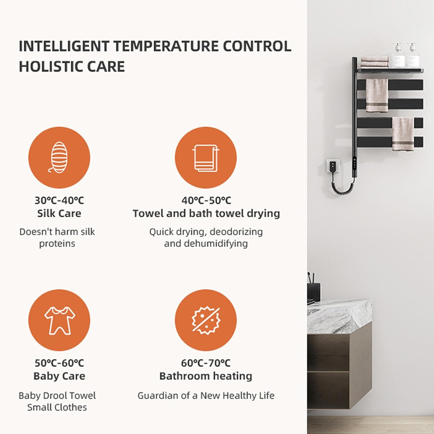 Towel Rack Warmer 180° Rotating, Towel Dryer for Bathroom with Timer,LED Display,Constant Temperature Control, Electric Towel Rail Hard Wired/Plug-in,Gray (Black)