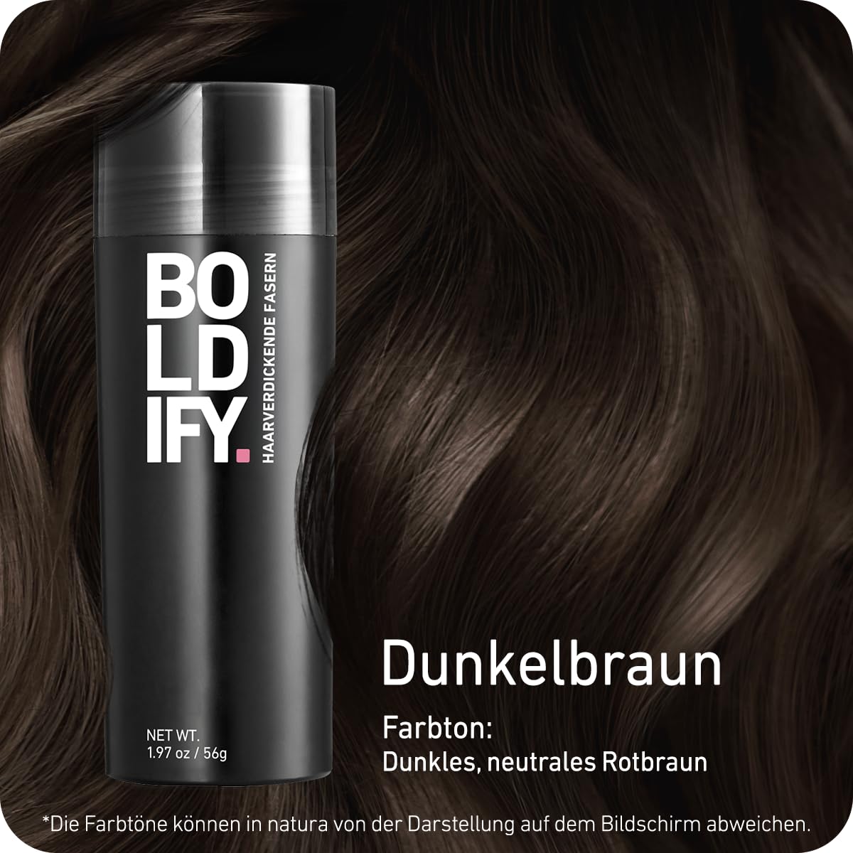 BOLDIFY Streuhaar für Dünner Werdendes Haar (Dunkelbraun), Unsichtbar, Natürlich, Große Flasche, 56g, Kaschiert Haarausfall in 15 Sek, Haarverdichtung, Haarpuder für Feines Haar, Frauen/Männer