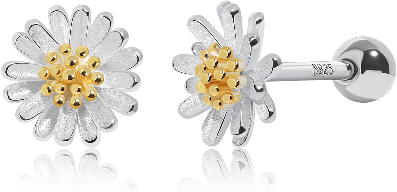 Meissa 925 Sterling Silver Daisy Flower Ball Screw Back Earrings for Women Girls Kids Teens Sleep on Safety Back Cute Tiny Minimalist Silver Studs