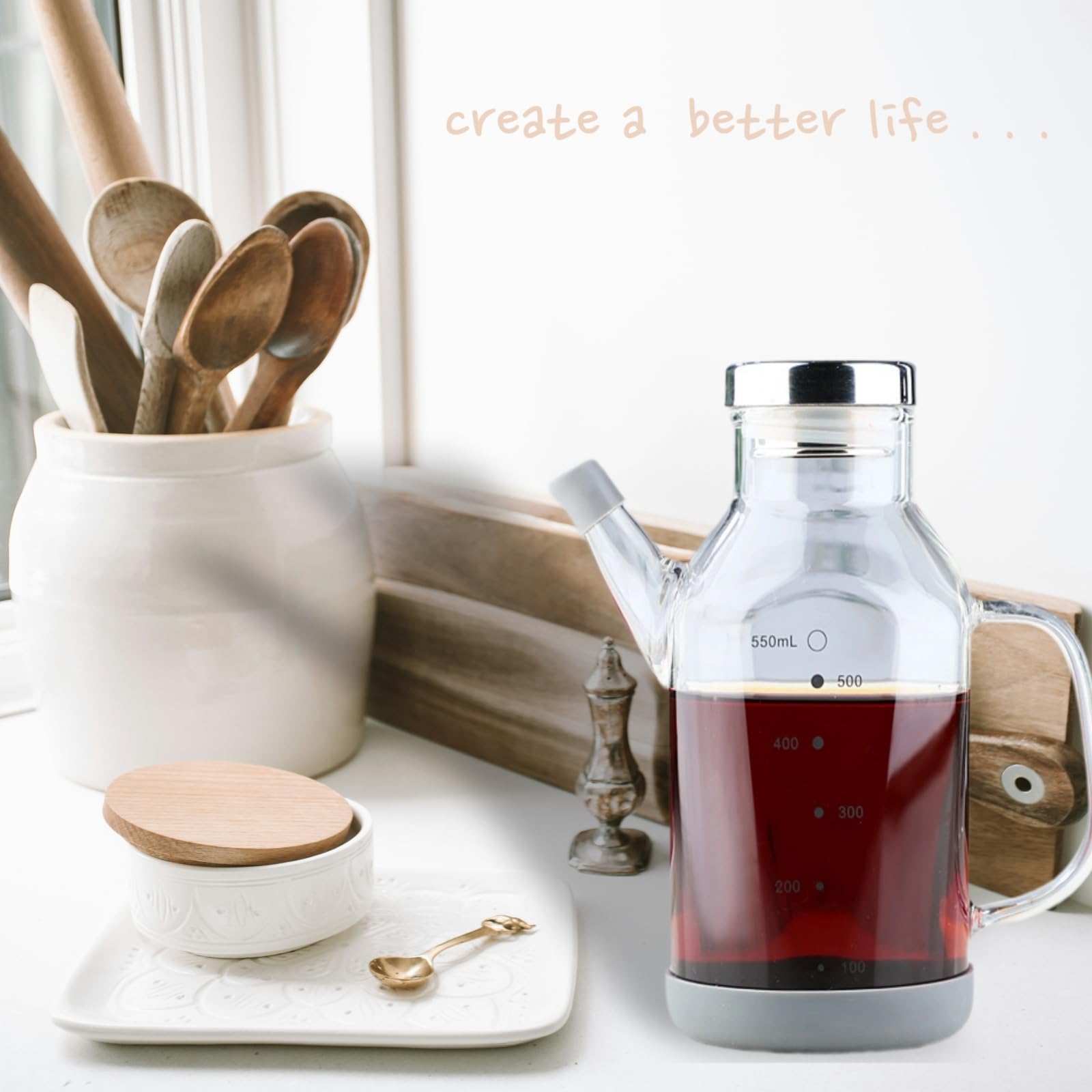 Dispensador de aceite de oliva, botella de vidrio de borosilicato de 18/25 onzas, sin plomo, con tapa de acero inoxidable y botellas de vinagre para cocina, juego de recipientes de cocina
