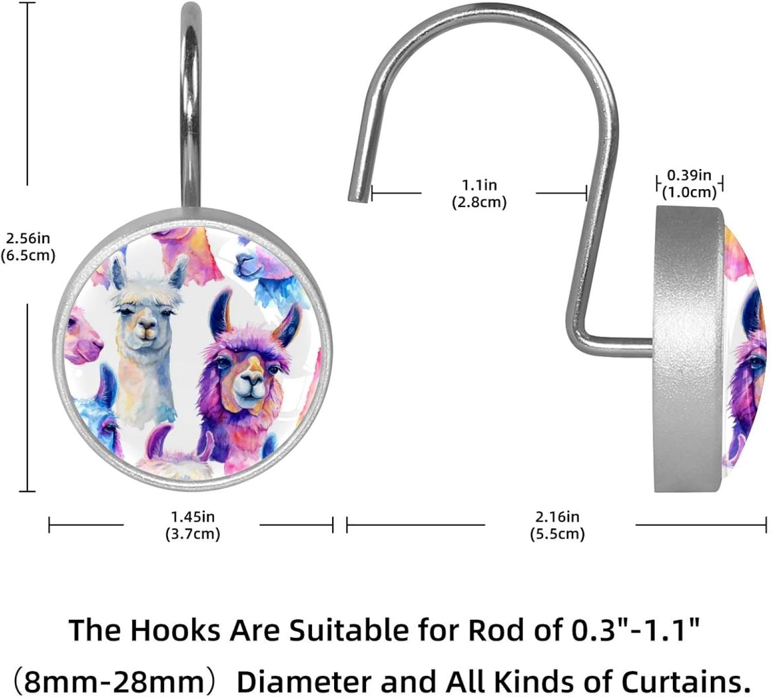 Llamas Round Crystal Glass Decorative Shower Curtain Hooks with 3D Pattern Visual, Rust Proof Shower Curtain Rings-12 Pack