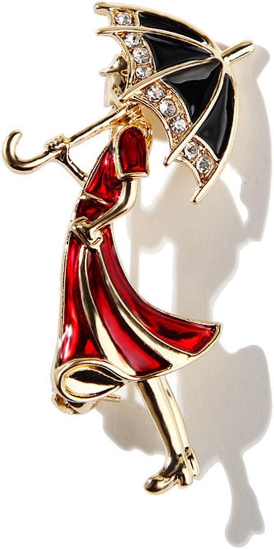 Brooches for Women,Rainy Day Girl Brooch with Crystal Umbrella, Enamel Red Dress Pin, Women's Brooches & Pins,Fashion Jewelry for Women Coat/Dress/Gift