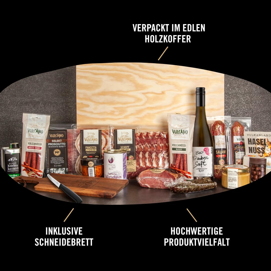 Vulcano Jausenkoffer – Geschenkbox mit Prosciutto, Salami, Vulcanossi, Speckwurzen & steirischen Spezialitäten – Feinkost Geschenk für Genießer, ideal für Männer, Frauen, Geburtstag & Weihnachten