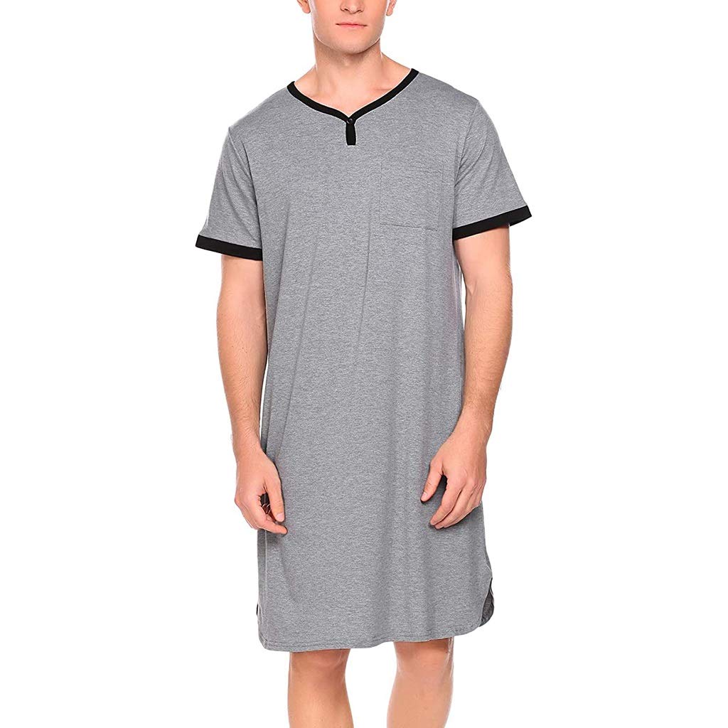 GaoYunQinMens Nightshirts V Neck Short Sleeve Big&Tall Short, Cotton Sleepshirt Nightgown Pajama Long Sleepwear (Color : Gray, Size : Large)